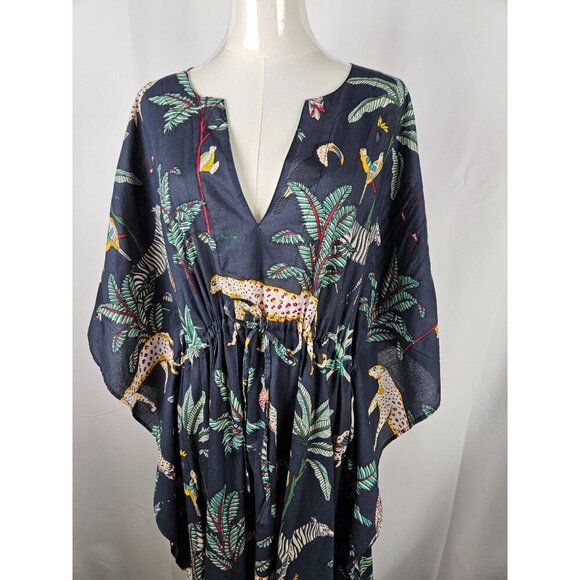 Just Darving Jungly Kaftan Dress Navy Exotic Animal Print & Palm Leaves One Size - Picture 8 of 15